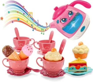 Tea Party Set for Little Girls- Musical Teapot Lights up with Songs & Sounds -Interactive Tea Set for Toddlers - Princess Teatime Toys with Dessert- Kids Kitchen Pretend playset - Best Gifts Age 3-8