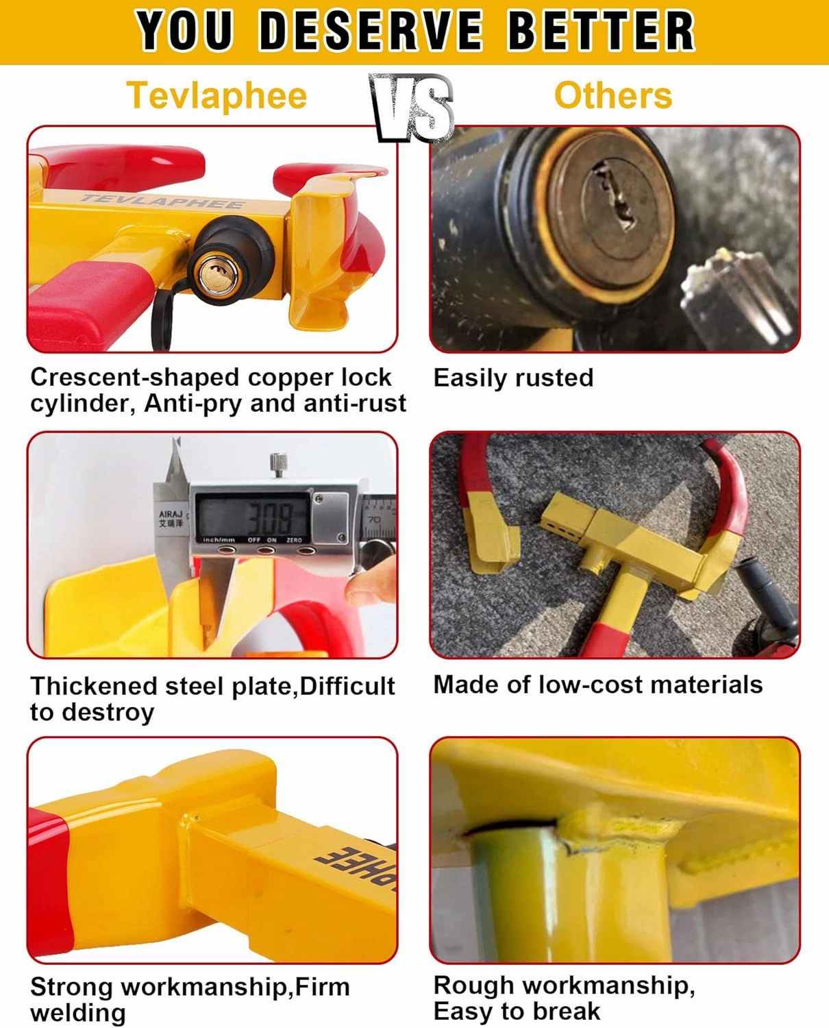 Tevlaphee Universal Wheel Lock Heavy Duty Security Trailer Wheel Lock Anti Theft Wheel Locks for Cars SUV Camper Motorcycle Trailer Great Deterrent Bright Color with 3 Keys (Red-Yellow)