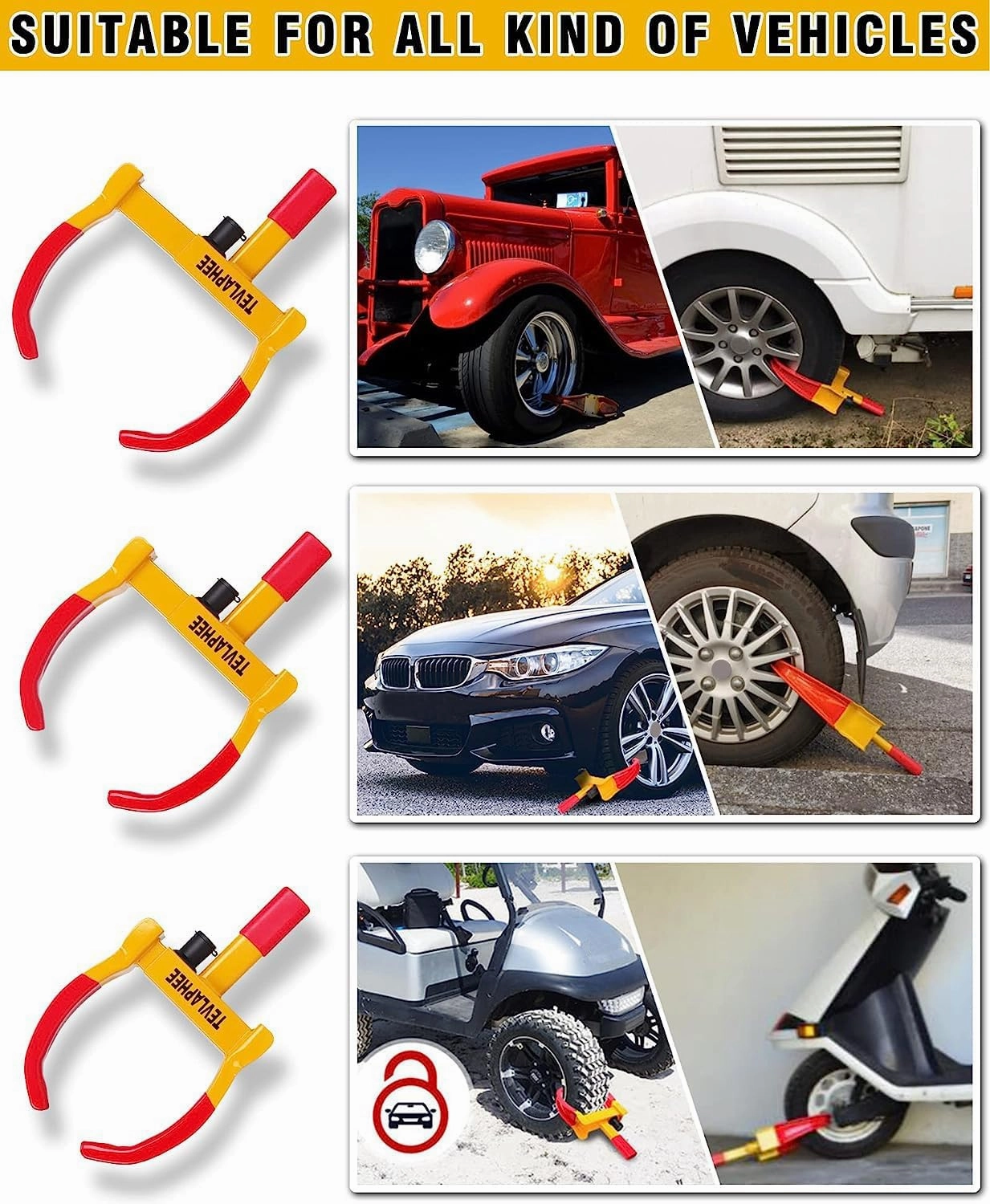Tevlaphee Universal Wheel Lock Heavy Duty Security Trailer Wheel Lock Anti Theft Wheel Locks for Cars SUV Camper Motorcycle Trailer Great Deterrent Bright Color with 3 Keys (Red-Yellow)