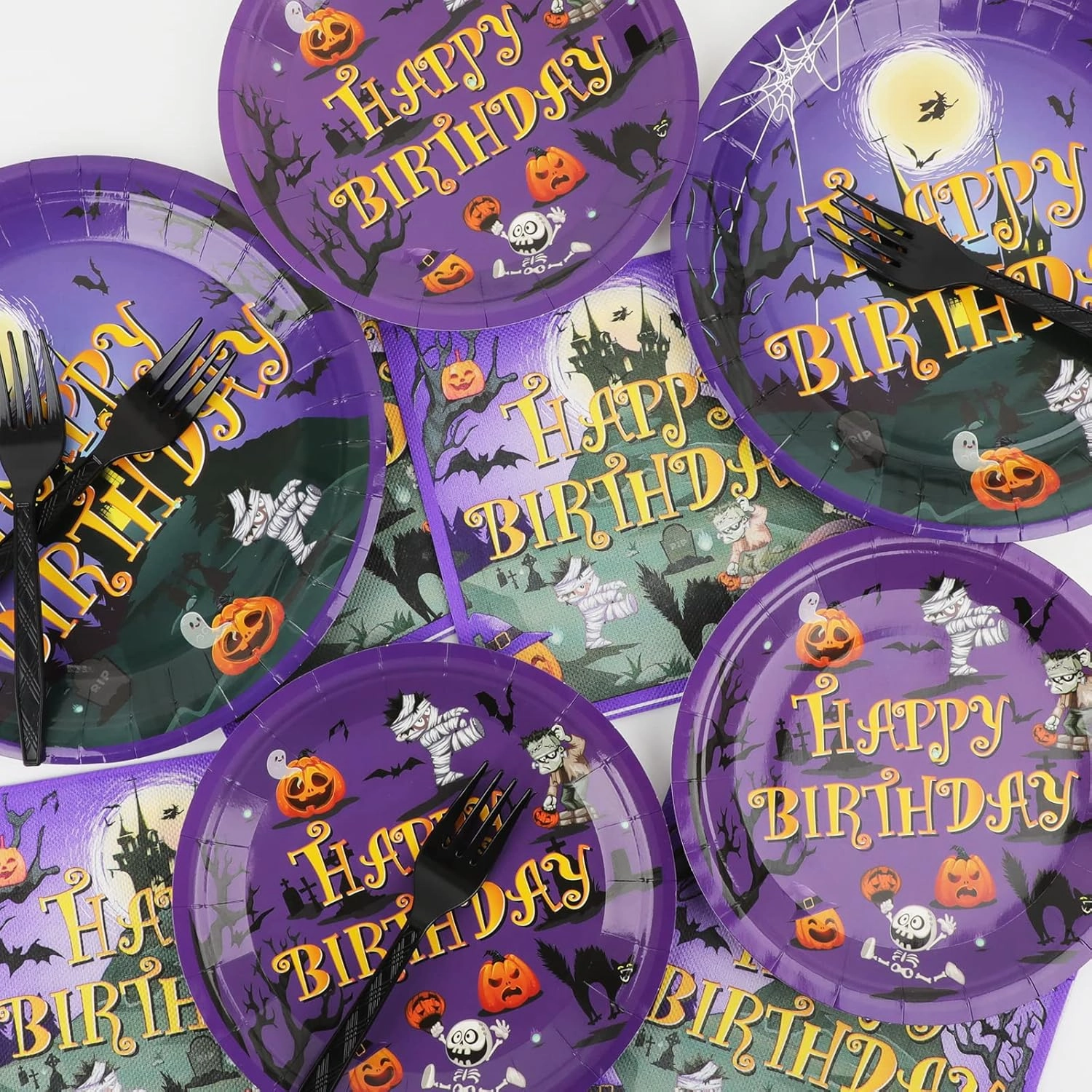 Tevxj 96PCS Happy Birthday Halloween Tableware Set Halloween Dinnerware Disposable Dessert Plates Birthday Party Plates Napkins Forks for Halloween Party Decorations Supplies 24 guests