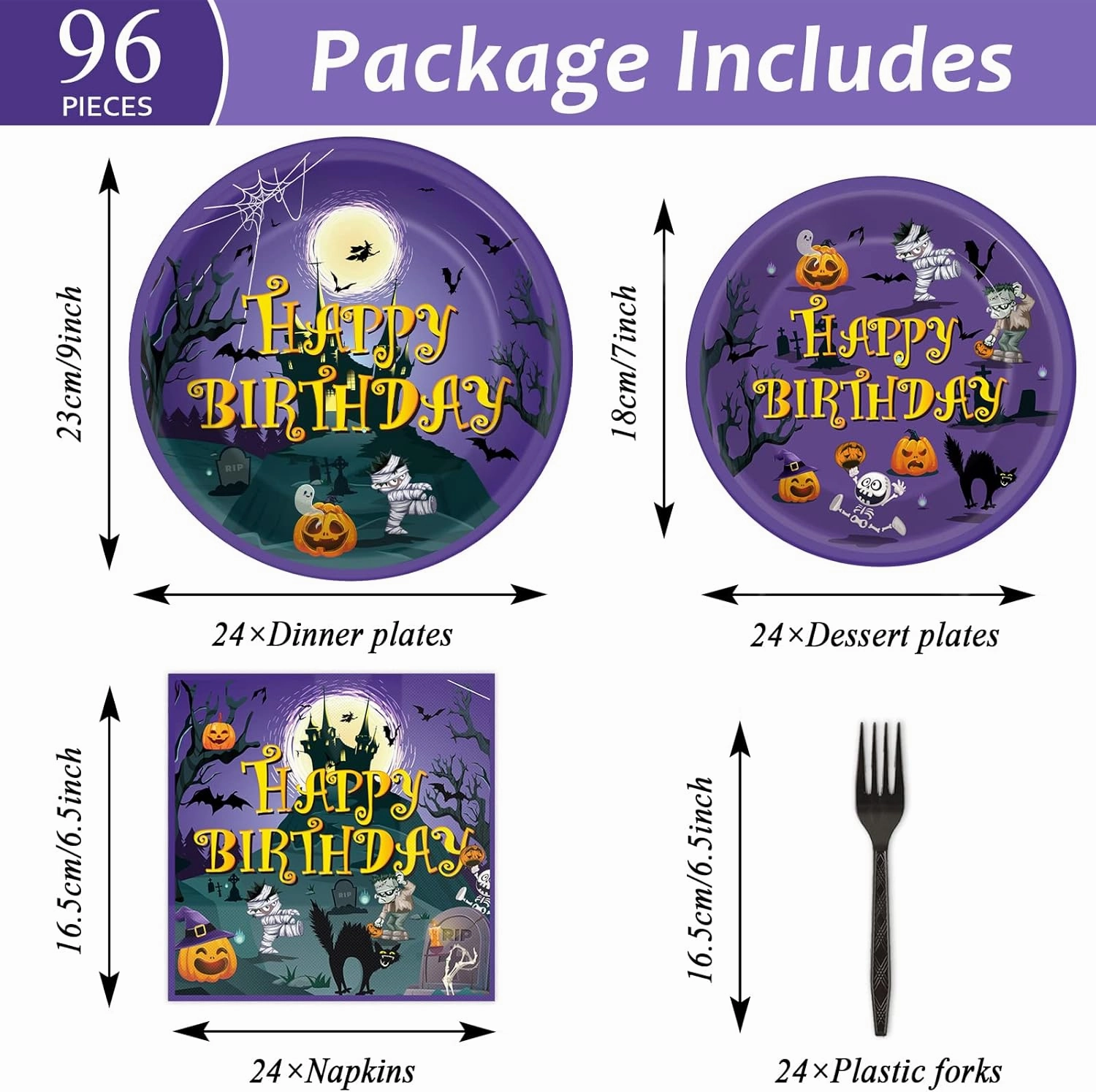 Tevxj 96PCS Happy Birthday Halloween Tableware Set Halloween Dinnerware Disposable Dessert Plates Birthday Party Plates Napkins Forks for Halloween Party Decorations Supplies 24 guests