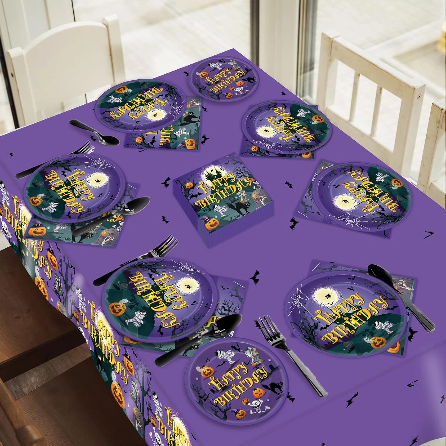 Tevxj 96PCS Happy Birthday Halloween Tableware Set Halloween Dinnerware Disposable Dessert Plates Birthday Party Plates Napkins Forks for Halloween Party Decorations Supplies 24 guests