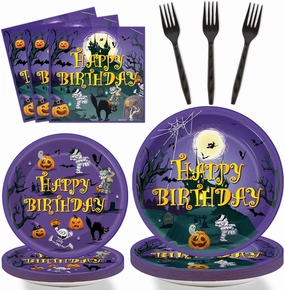 Tevxj 96PCS Happy Birthday Halloween Tableware Set Halloween Dinnerware Disposable Dessert Plates Birthday Party Plates Napkins Forks for Halloween Party Decorations Supplies 24 guests
