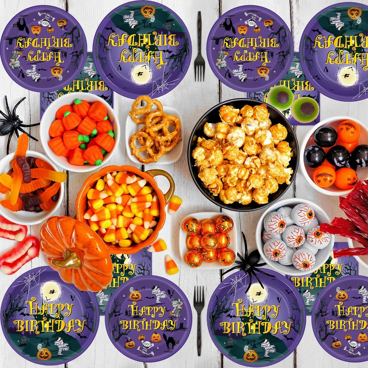 Tevxj 96PCS Happy Birthday Halloween Tableware Set Halloween Dinnerware Disposable Dessert Plates Birthday Party Plates Napkins Forks for Halloween Party Decorations Supplies 24 guests