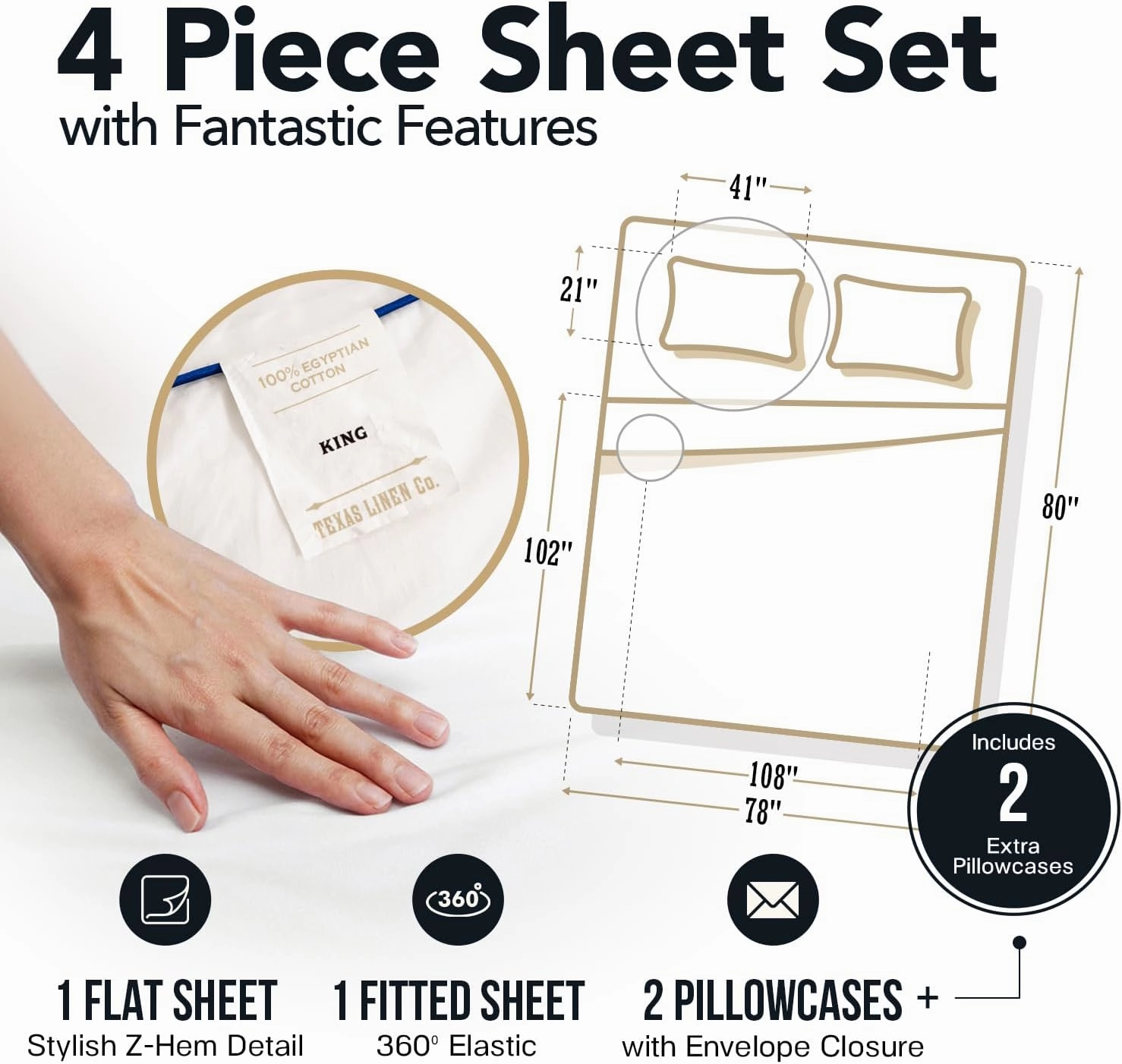 TEXAS LINEN CO. 100% Egyptian Cotton Sheets King Size - 1500 Thread Count King Size Sheets Set, 4 PC Luxury Bedsheet (Light Grey), Soft, Cooling, 17" Deep Pocket Sateen Weave Bedsheet Set