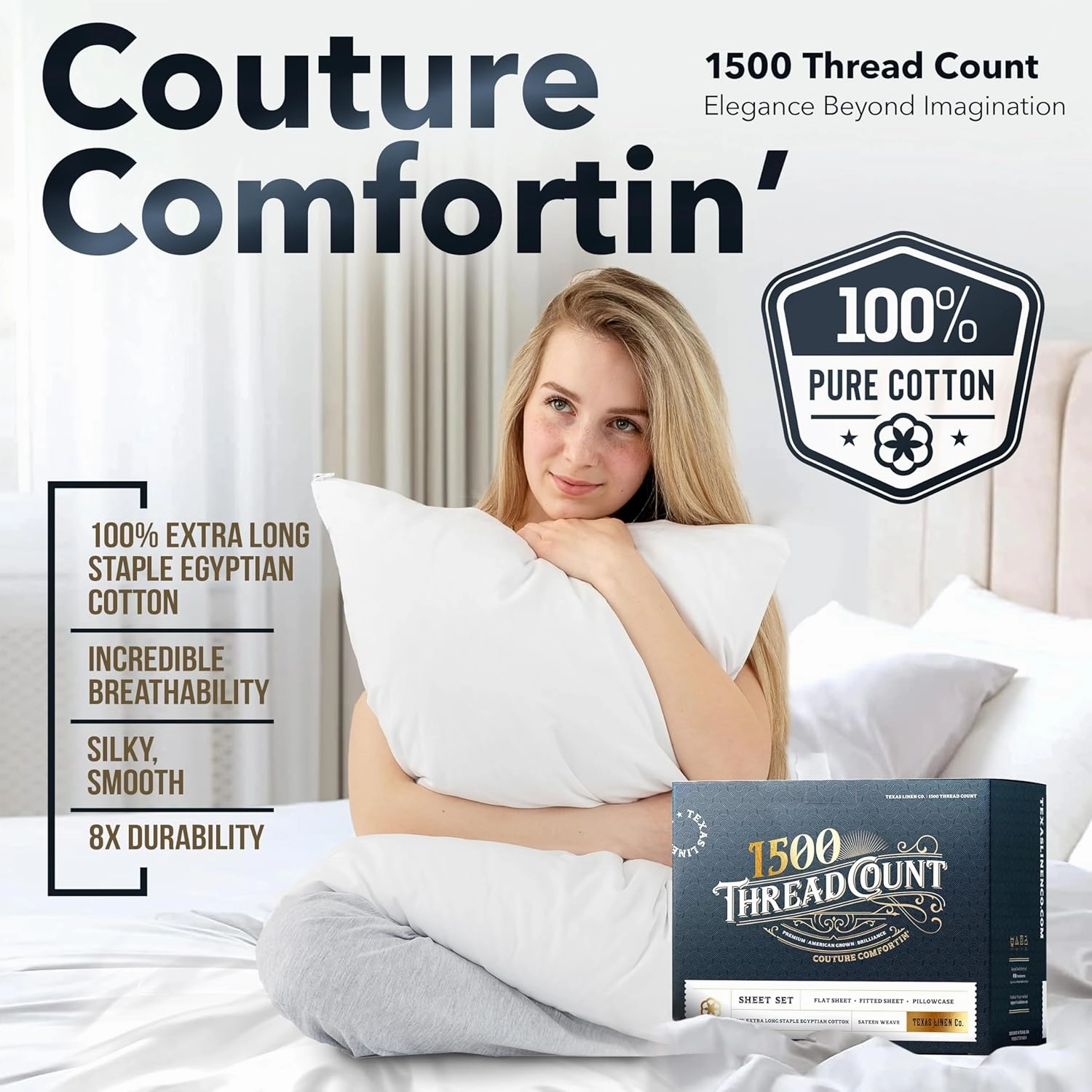 TEXAS LINEN CO. 100% Egyptian Cotton Sheets King Size - 1500 Thread Count King Size Sheets Set, 4 PC Luxury Bedsheet (Light Grey), Soft, Cooling, 17" Deep Pocket Sateen Weave Bedsheet Set