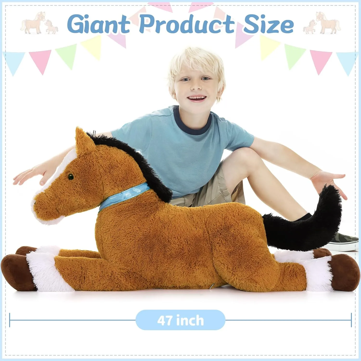 Tezituor 4ft Brown Horse Stuffed Animals Toy, Hugging Soft Horse Plush Pillow, Realistic Large Stuffed Horse Plush Gift for Boys Girls