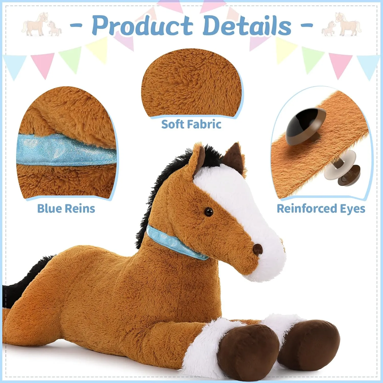 Tezituor 4ft Brown Horse Stuffed Animals Toy, Hugging Soft Horse Plush Pillow, Realistic Large Stuffed Horse Plush Gift for Boys Girls