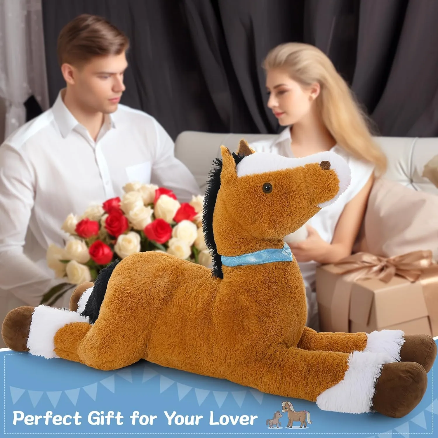Tezituor 4ft Brown Horse Stuffed Animals Toy, Hugging Soft Horse Plush Pillow, Realistic Large Stuffed Horse Plush Gift for Boys Girls