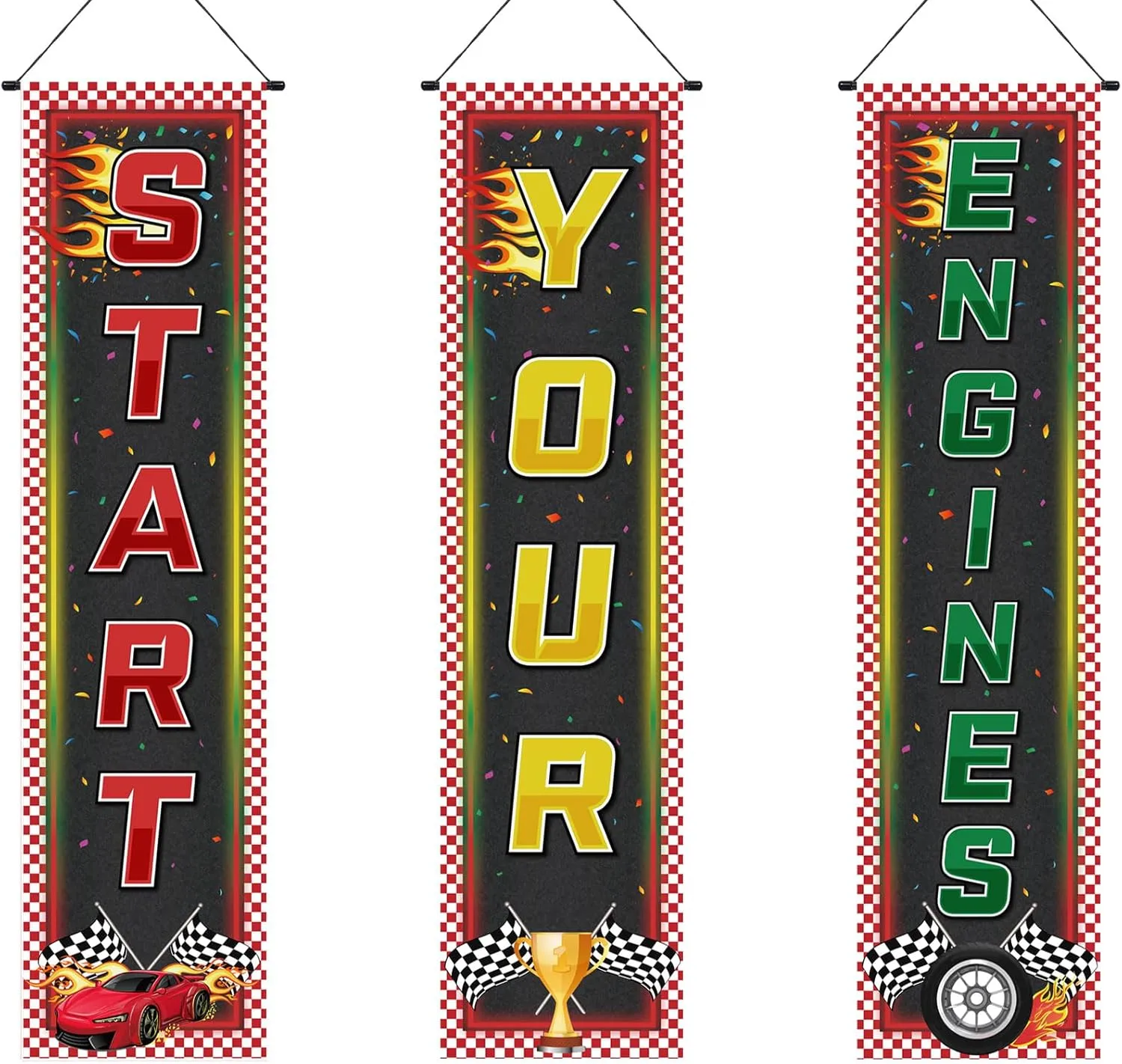 Tiamon 3 Pcs Racing Fans Banners Race Cars Birthday Decor Checkered Hanging Banner Truck Flag for Holiday Gifts Indoor Outdoor Car Game Supplies Indy 500 Party Birthday School Event Decoration