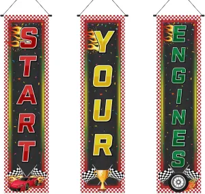 Tiamon 3 Pcs Racing Fans Banners Race Cars Birthday Decor Checkered Hanging Banner Truck Flag for Holiday Gifts Indoor Outdoor Car Game Supplies Indy 500 Party Birthday School Event Decoration