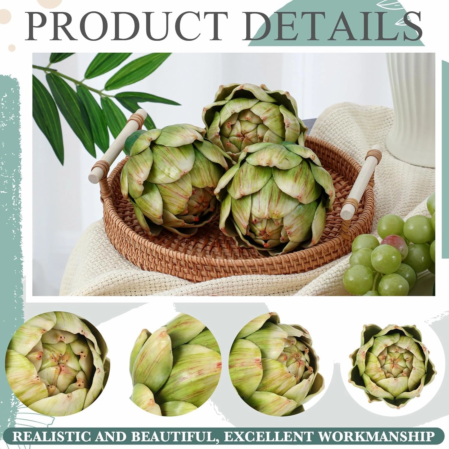 Timgle 6 Pcs Green Artificial Artichokes Fake Vegetables and Fruits for Summer Kitchen Wedding Bowl and Vase Decorations (Small)
