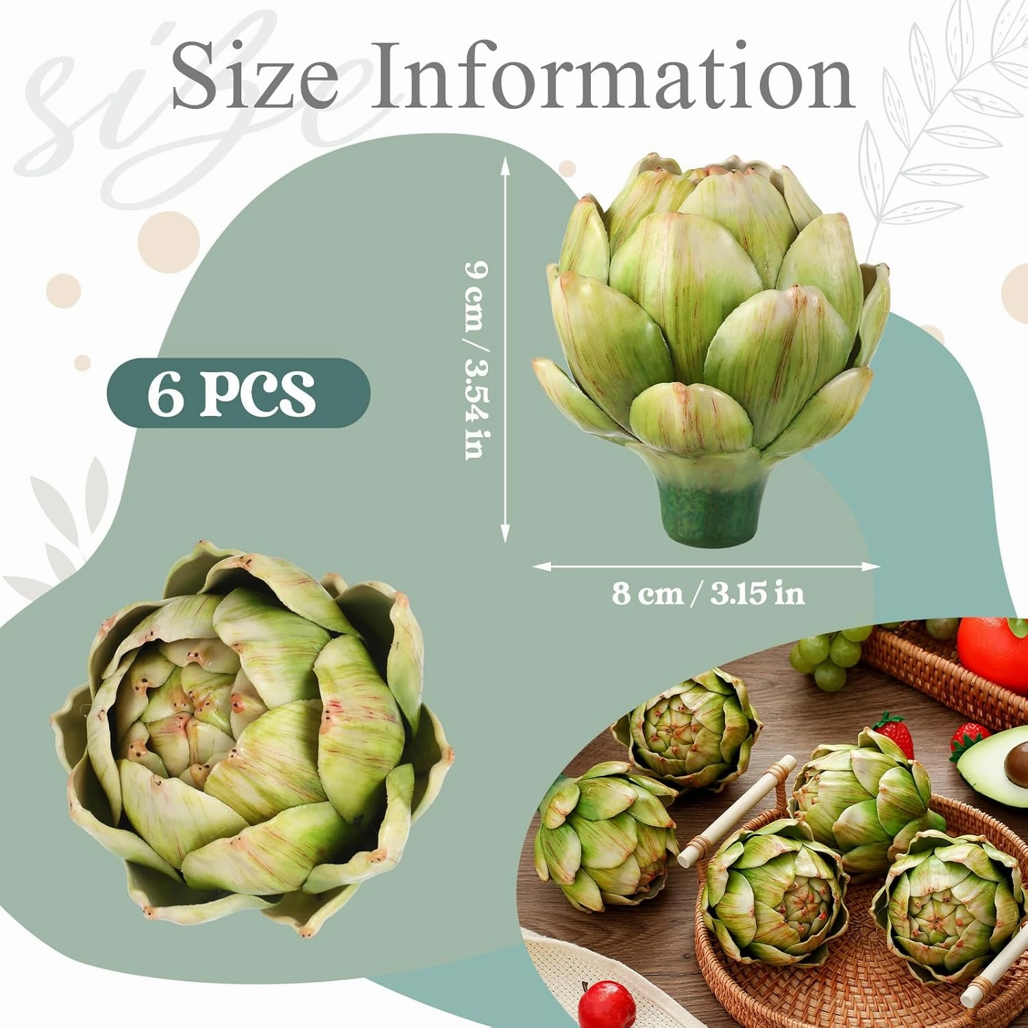 Timgle 6 Pcs Green Artificial Artichokes Fake Vegetables and Fruits for Summer Kitchen Wedding Bowl and Vase Decorations (Small)