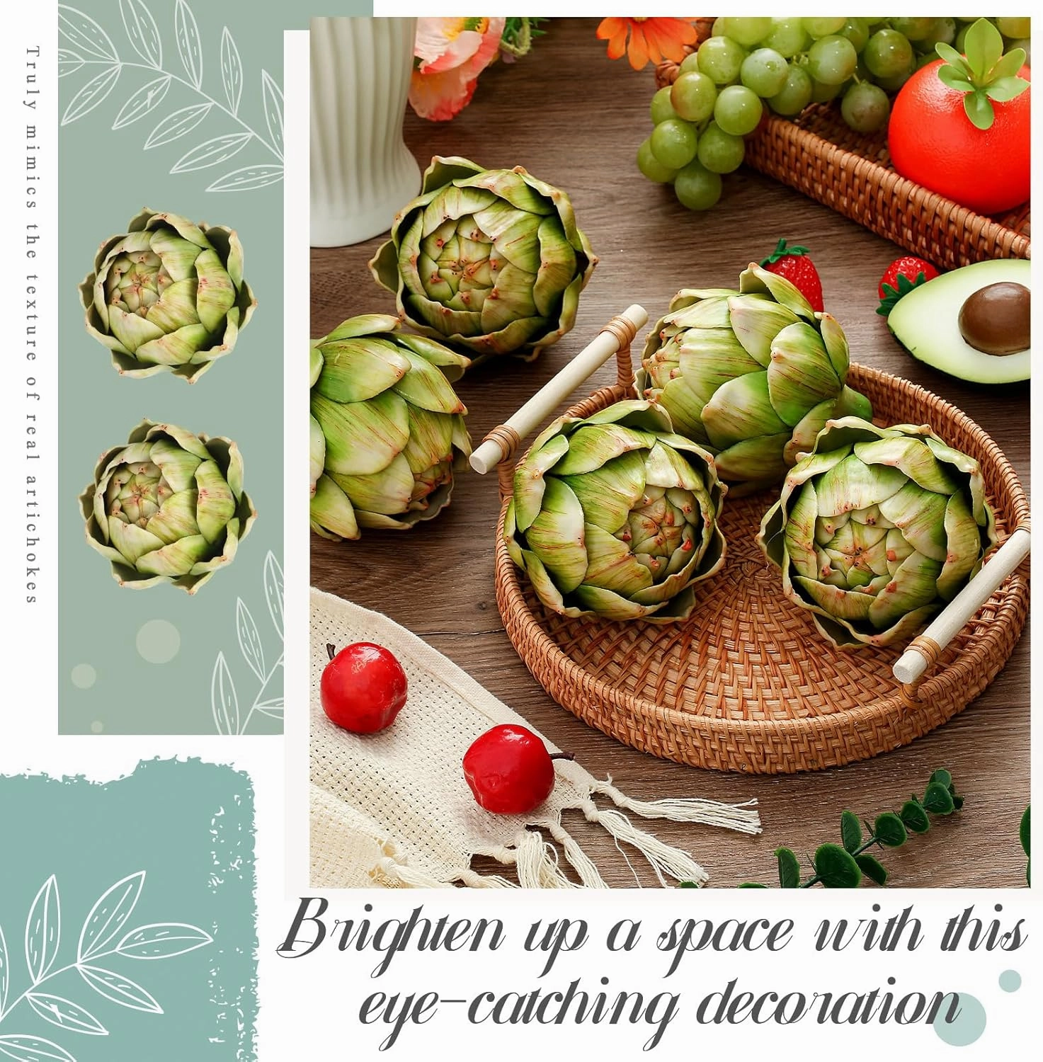 Timgle 6 Pcs Green Artificial Artichokes Fake Vegetables and Fruits for Summer Kitchen Wedding Bowl and Vase Decorations (Small)