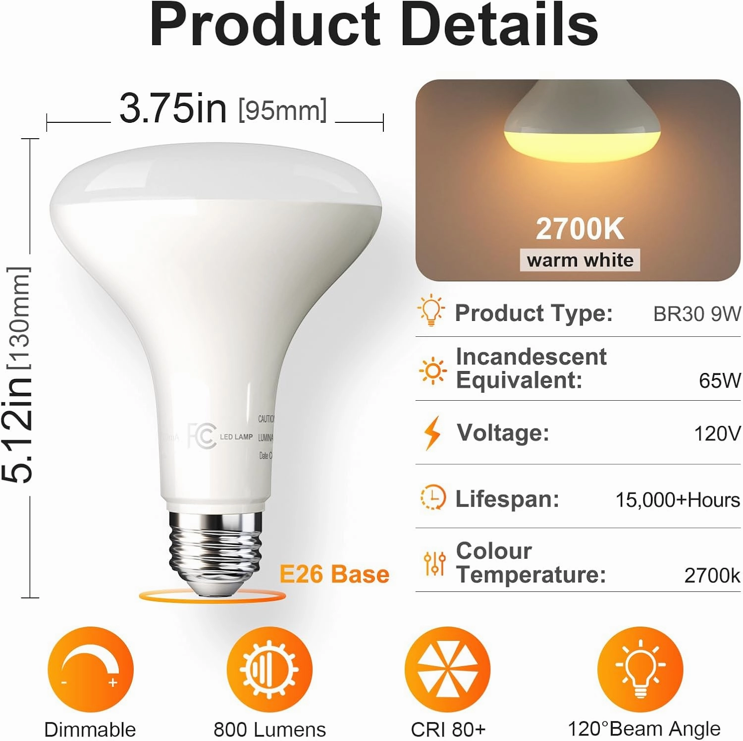 TJOY 12 Pack BR30 Flood Light Bulb Indoor, 65W Equivalent Dimmable Led Recessed Lights Bulb, 2700K Soft Warm White, E26 Base Bulbs for Kitchen Ceiling, Recessed Can, Replacement Incandescent, 9W,800LM