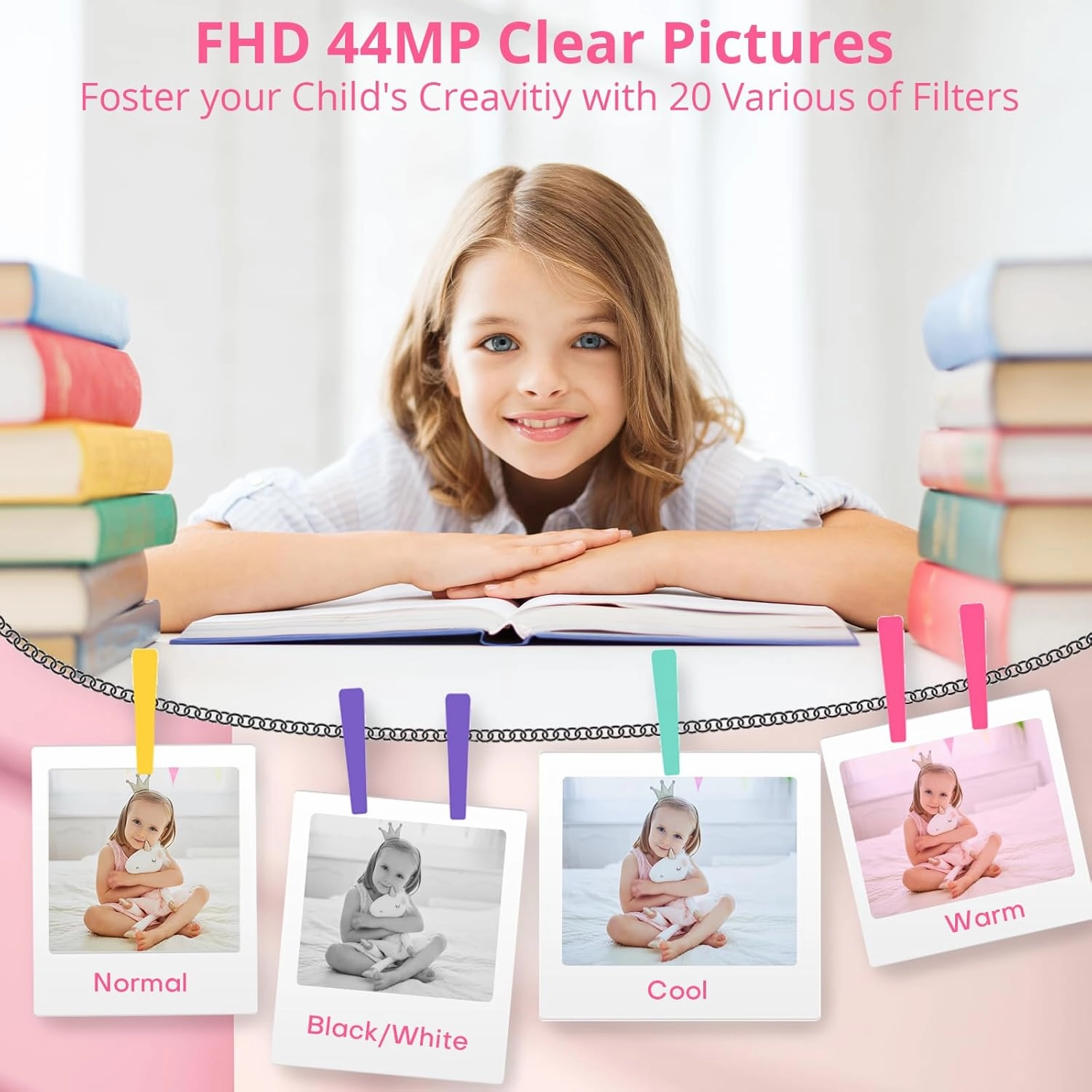Toberto Digital Camera, FHD 1080P Digital Camera for Kids with 16X Zoom Anti Shake, Flashlight, 44MP Point and Shoot Camera Compact Small Camera for Teens, Girls, Boys, Students - Pink