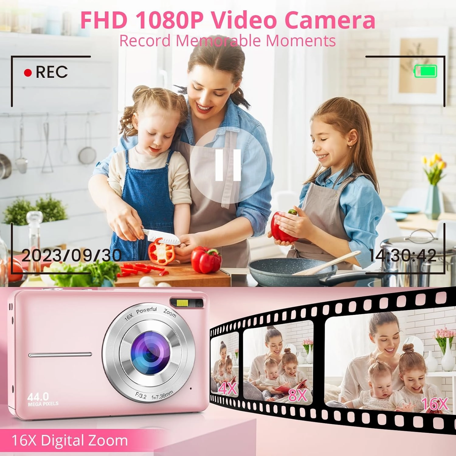 Toberto Digital Camera, FHD 1080P Digital Camera for Kids with 16X Zoom Anti Shake, Flashlight, 44MP Point and Shoot Camera Compact Small Camera for Teens, Girls, Boys, Students - Pink