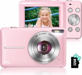 Toberto Digital Camera, FHD 1080P Digital Camera for Kids with 16X Zoom Anti Shake, Flashlight, 44MP Point and Shoot Camera Compact Small Camera for Teens, Girls, Boys, Students - Pink
