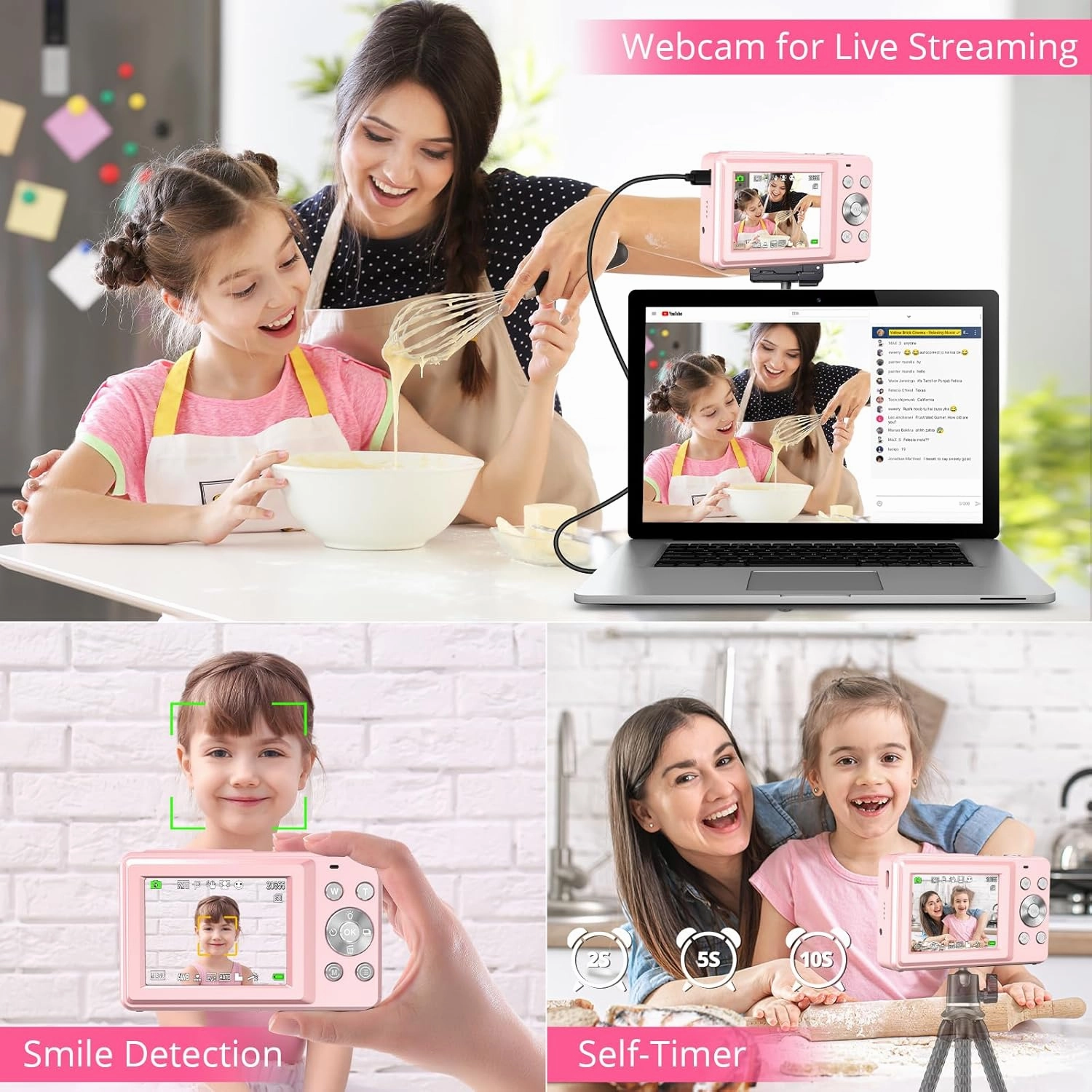 Toberto Digital Camera, FHD 1080P Digital Camera for Kids with 16X Zoom Anti Shake, Flashlight, 44MP Point and Shoot Camera Compact Small Camera for Teens, Girls, Boys, Students - Pink
