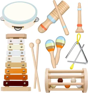 Toddler Wooden Musical Instruments, Montessori Percussion Toys - International Baby Musical Toys with Xylophone & Tambourine in Modern Boho Style, Perfect Educational Gift for Kids