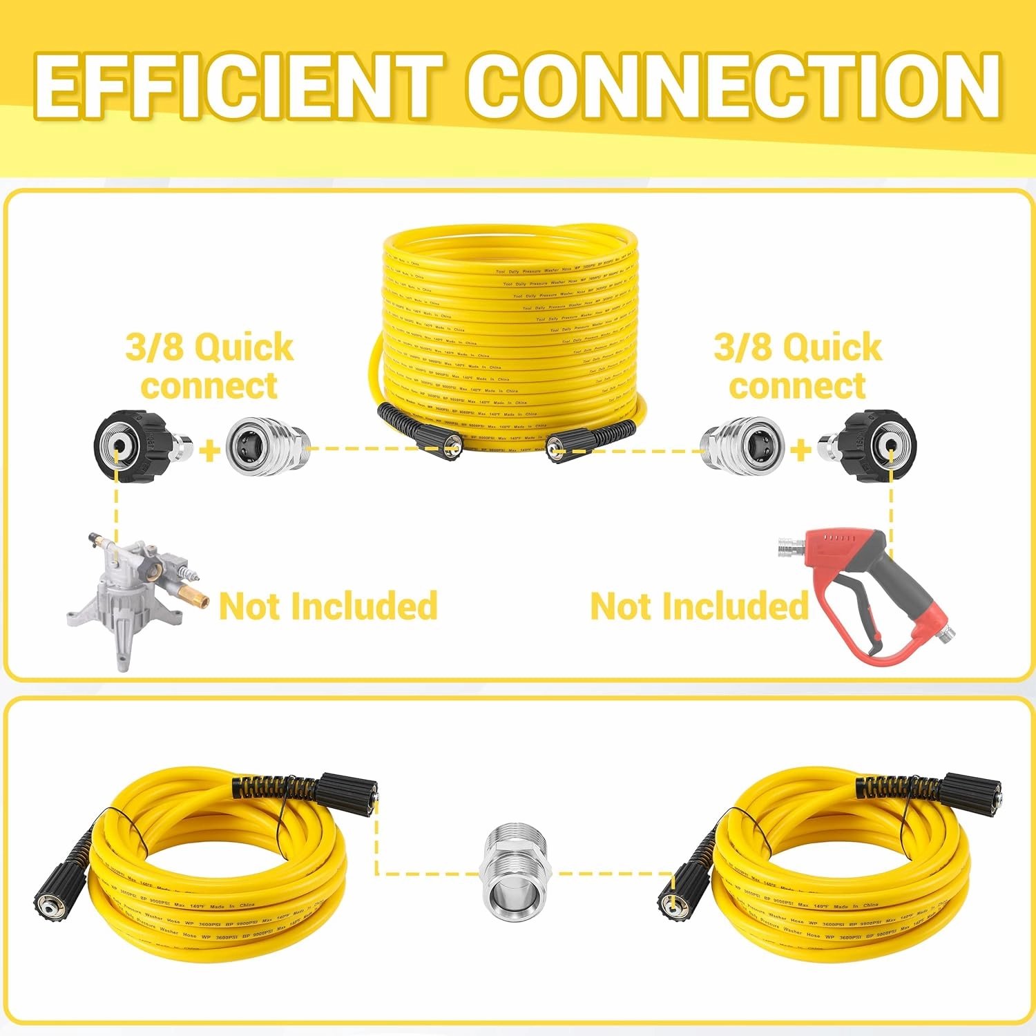 Tool Daily Pressure Washer Hose 50 FT X 1/4", Power Washer Replacement Extension Hose with M22 14mm Fitting, Kink Resistant,3/8" Quick Connect Kit For Gas & Electric Pressure Washer, 3600 PSI