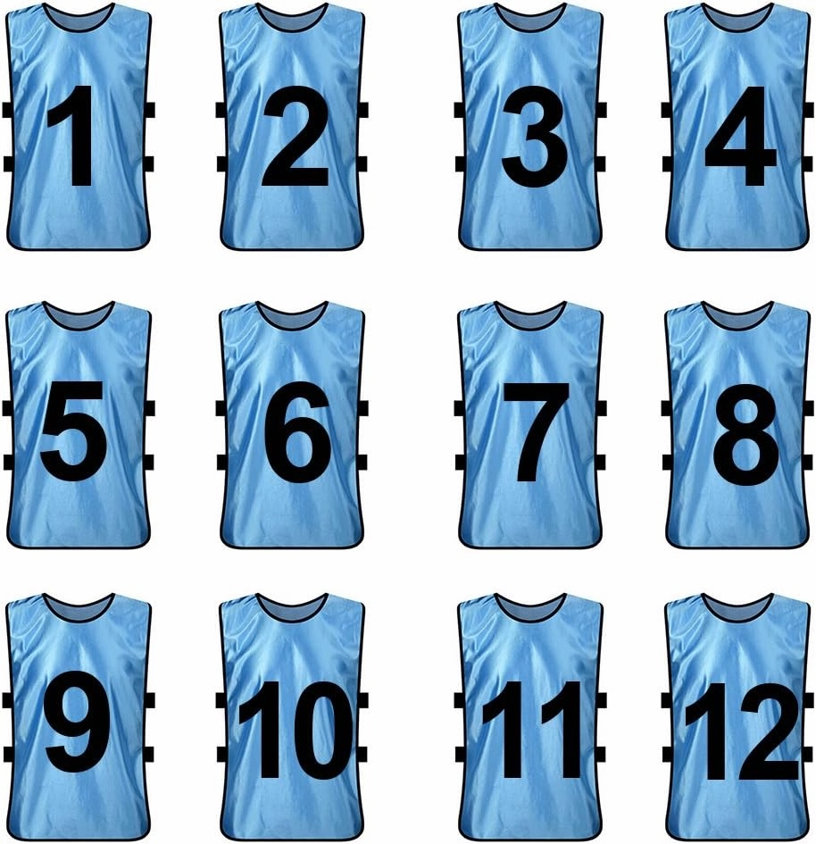 TopTie 12 Pcs Numbered Training Vest Scrimmage Practice Vest Pinnies Sets of 12 (#1-12), Soccer Pinnies