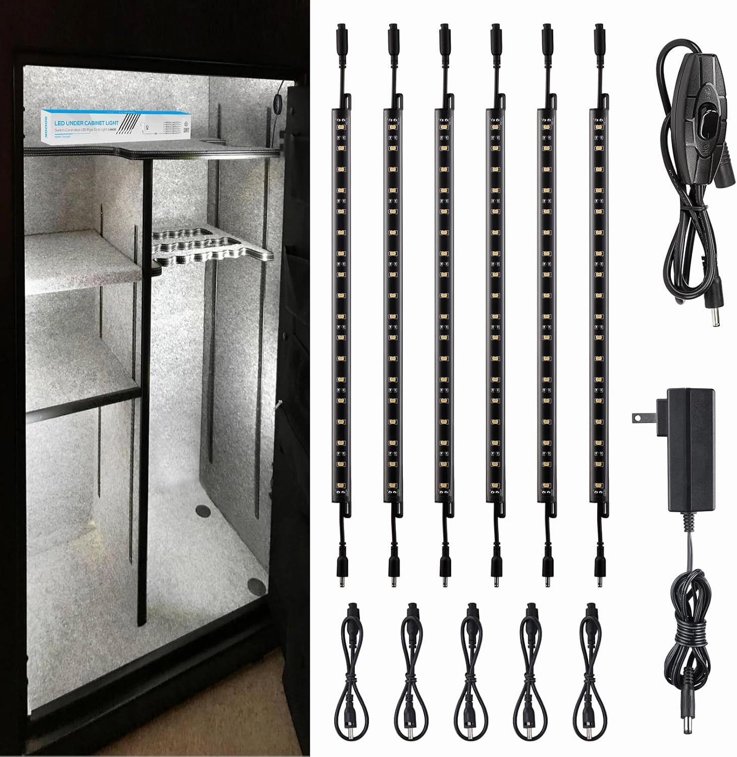 TORCHSTAR LED Safe Lighting Kit, (6) 12 Inch Linkable Light Bars   Rocker Switch   UL Power Adapter, 900LM, Input 100-240V, for Under Cabinet Gun Safe Locker Closet Showcase, 5000K Daylight