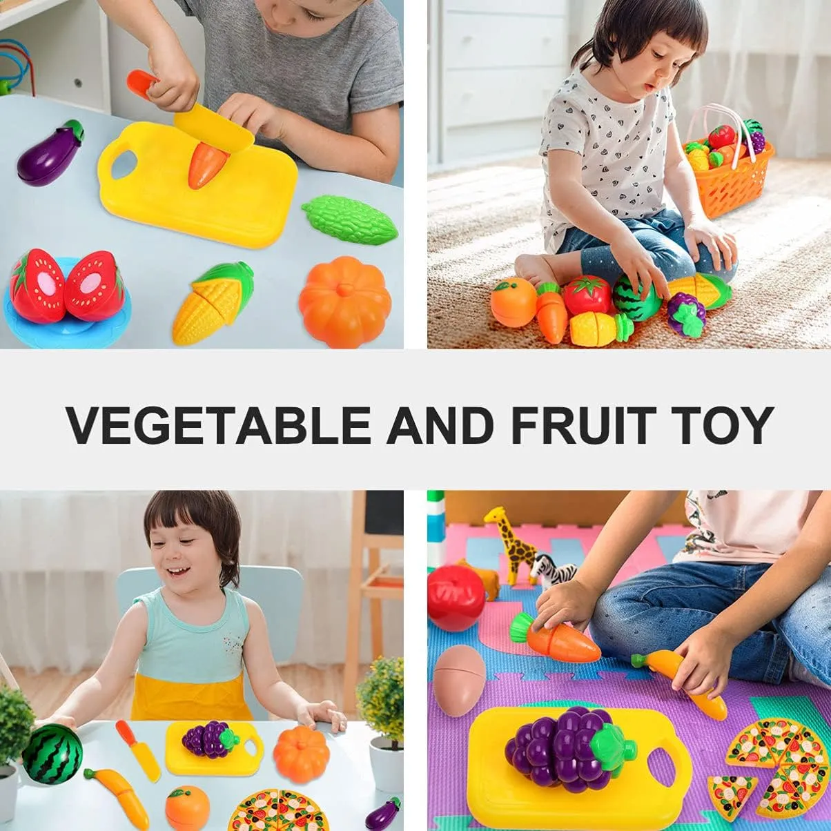Toyvian 1set Mini Vegetable and Fruit Cutting Set with Orange Mesh Bag for Pretend Play Develops Creativity and Hand-Eye Coordination Food Toy for Boys and Girls