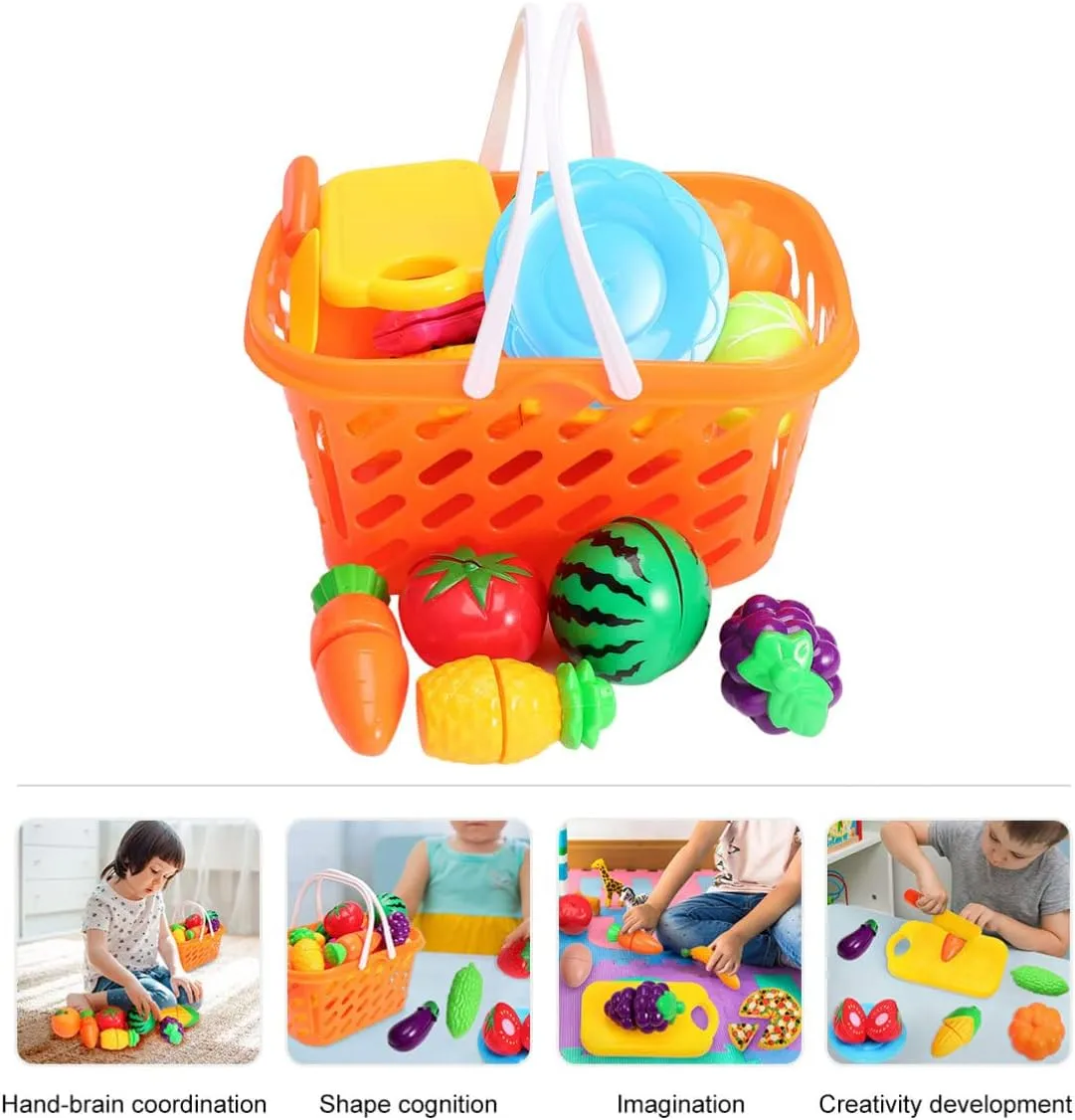 Toyvian 1set Mini Vegetable and Fruit Cutting Set with Orange Mesh Bag for Pretend Play Develops Creativity and Hand-Eye Coordination Food Toy for Boys and Girls