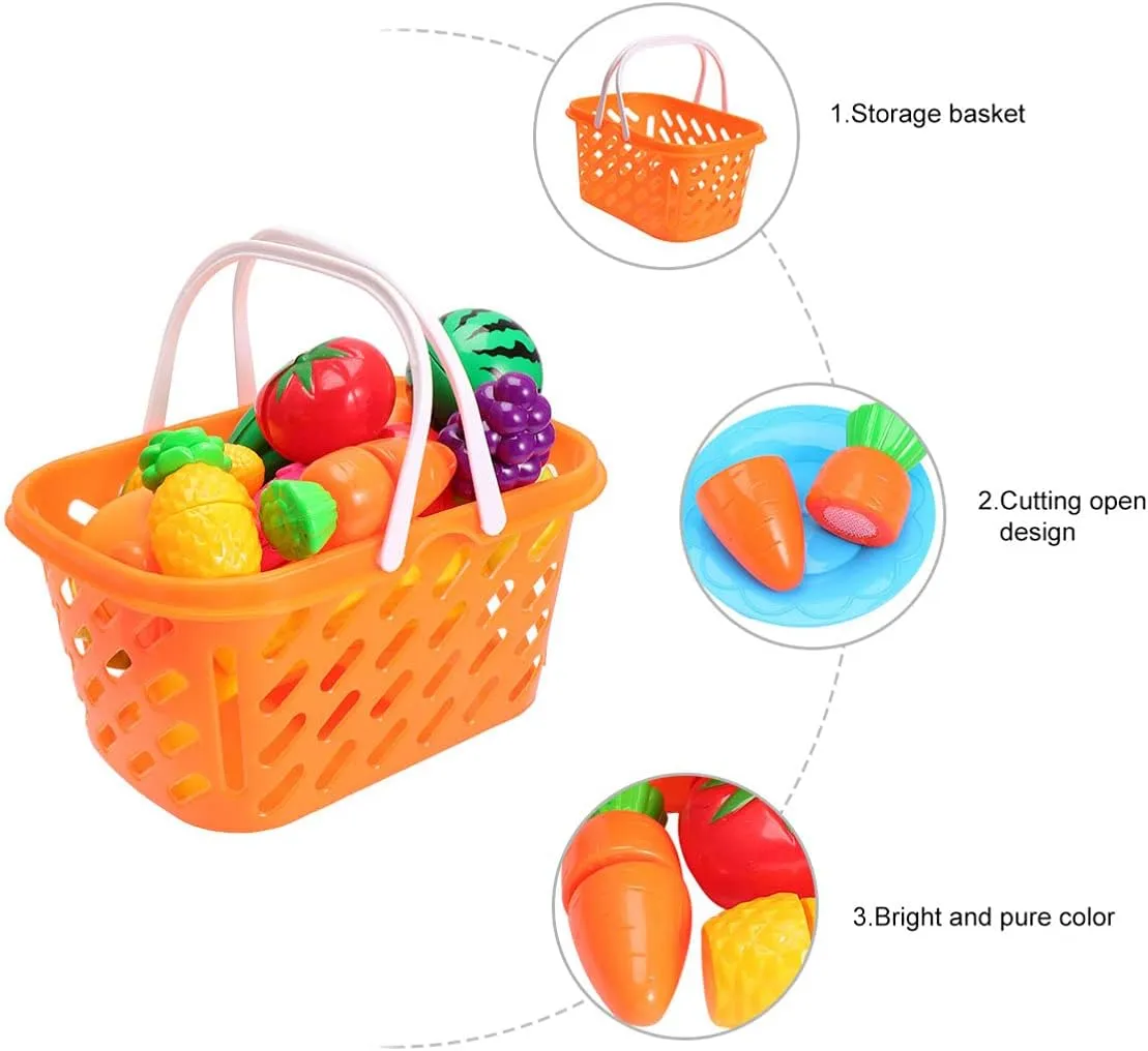 Toyvian 1set Mini Vegetable and Fruit Cutting Set with Orange Mesh Bag for Pretend Play Develops Creativity and Hand-Eye Coordination Food Toy for Boys and Girls