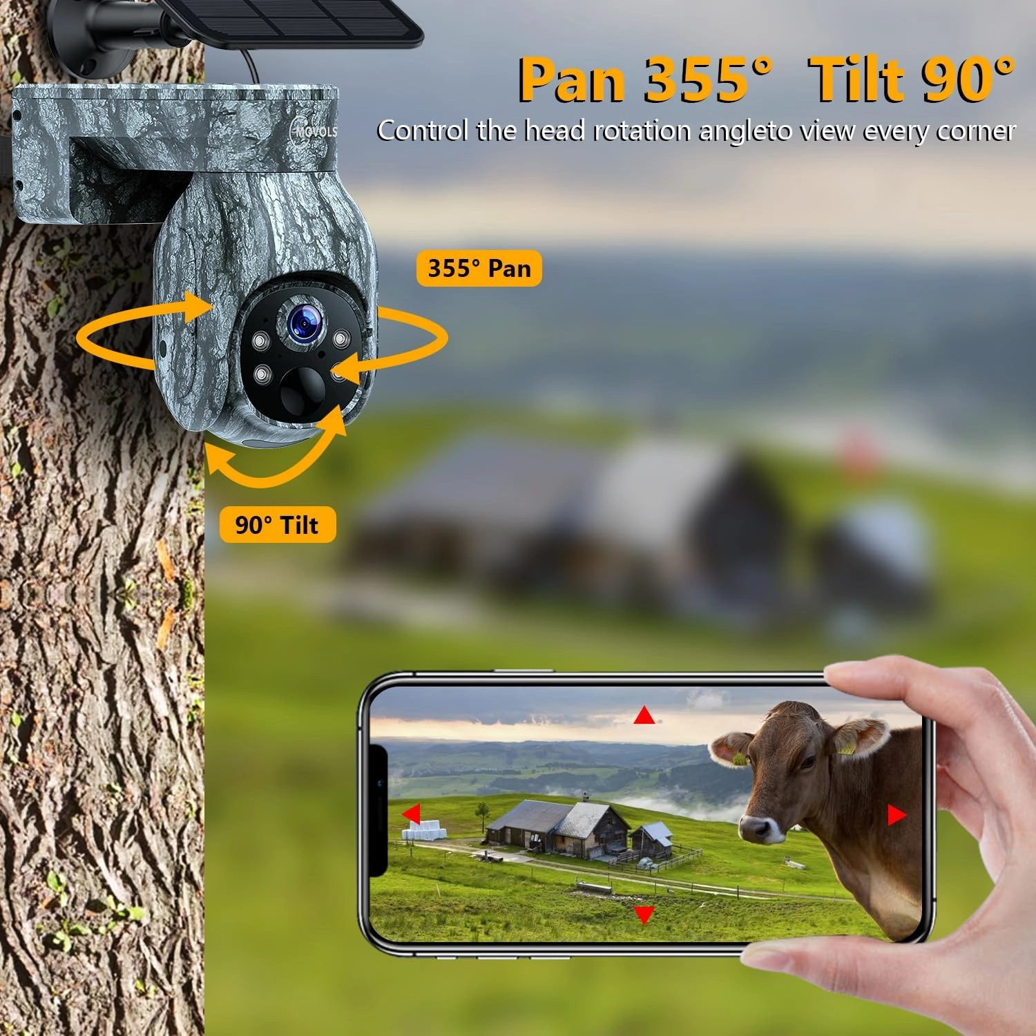 Trail Camera 4G LTE, 2K PTZ Cellular Game Camera Solar with 360° Full View,Live Video, Color Night Vision, Hunting Camera Motion Activated IP66 Waterproof, No WiFi, Remote Phone Access