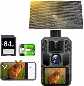 Trail Camera 4K 64MP Solar WiFi Game Hunting Camera with Night Vision– Built-in 5000mAh Battery, IP67 Waterproof, Motion Activated, 64GB Memory Card