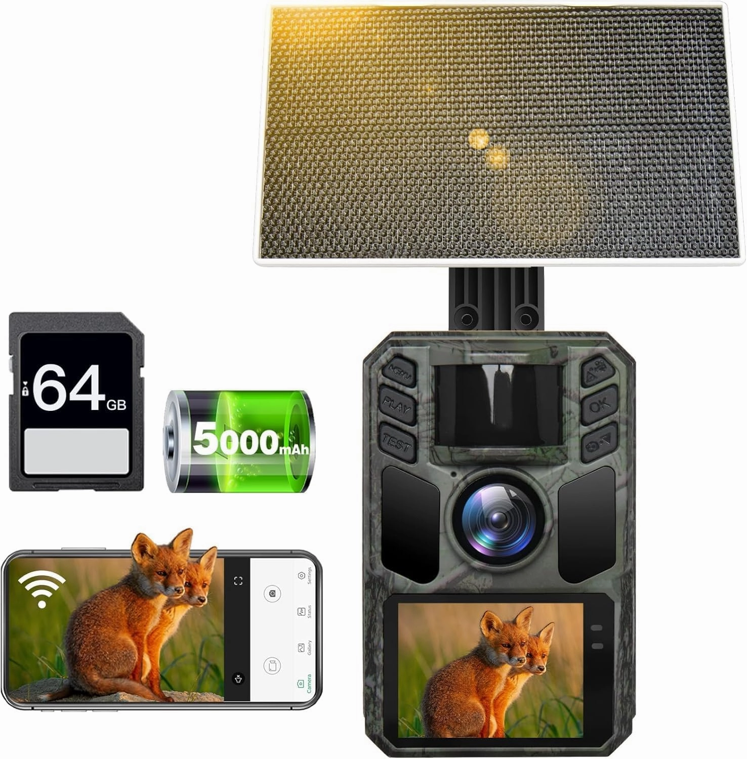 Trail Camera 4K 64MP Solar WiFi Game Hunting Camera with Night Vision– Built-in 5000mAh Battery, IP67 Waterproof, Motion Activated, 64GB Memory Card