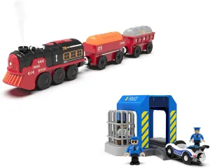 Train Accessories Police Station and Motorized Train Set for Wooden Tracks, Electric Train Toy with Expansion Pack Compatible with Thomas, Brio and Chuggington