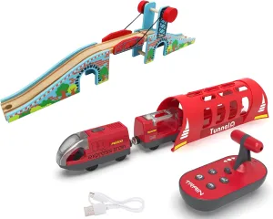 Train Bridge and Remote Control Train for Wooden Tracks, Train Accessories Compatible with Thomas & Friends, Brio, Chuggington