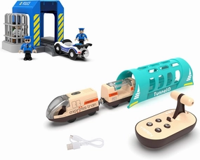 Train Accessories Police Station and Remote Control Train for Wooden Track Set, Train Toy Compatible with Thomas & Friends, Brio, Chuggington