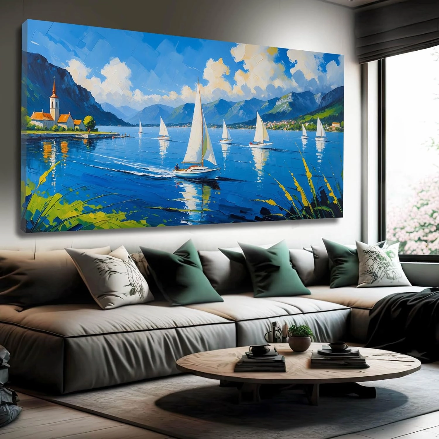 Tranquil lake sailing adventure landscape art print majestic mountains church and sailboat nature photography wall decor poster for home and office