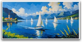 Tranquil lake sailing adventure landscape art print majestic mountains church and sailboat nature photography wall decor poster for home and office