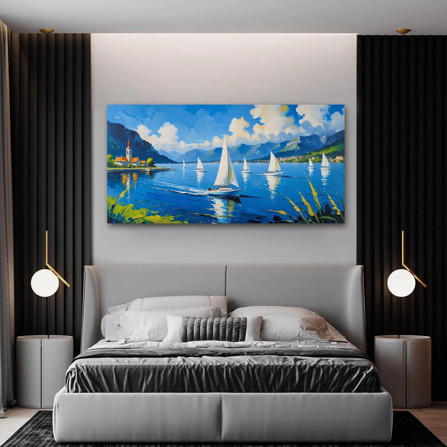 Tranquil lake sailing adventure landscape art print majestic mountains church and sailboat nature photography wall decor poster for home and office