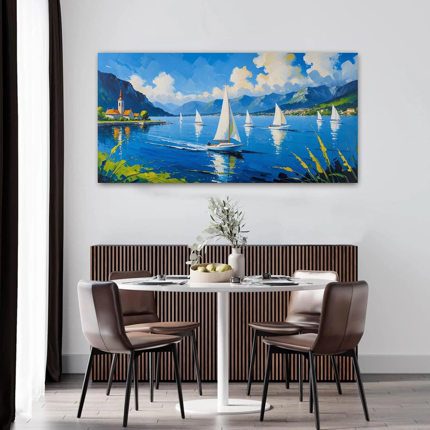 Tranquil lake sailing adventure landscape art print majestic mountains church and sailboat nature photography wall decor poster for home and office