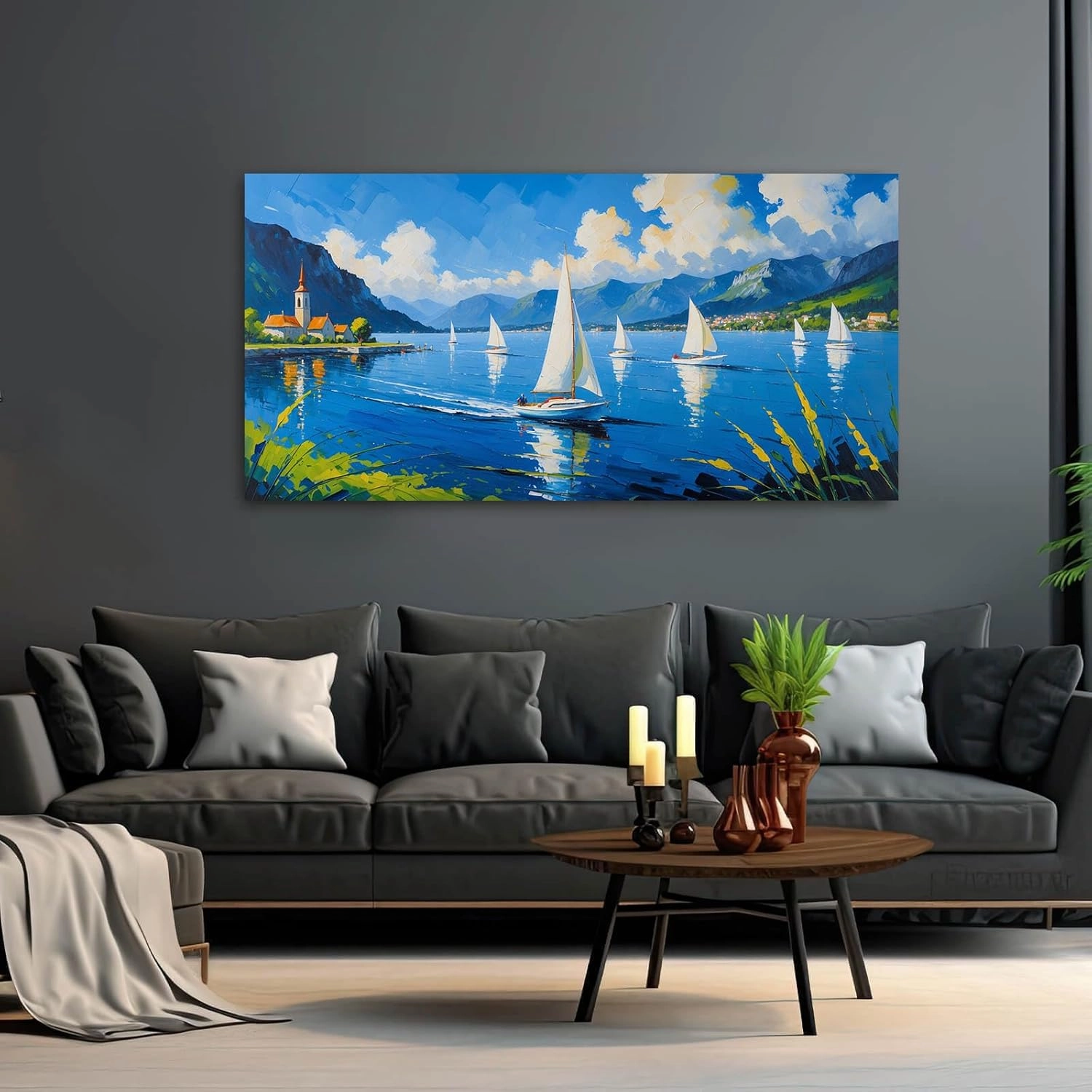 Tranquil lake sailing adventure landscape art print majestic mountains church and sailboat nature photography wall decor poster for home and office