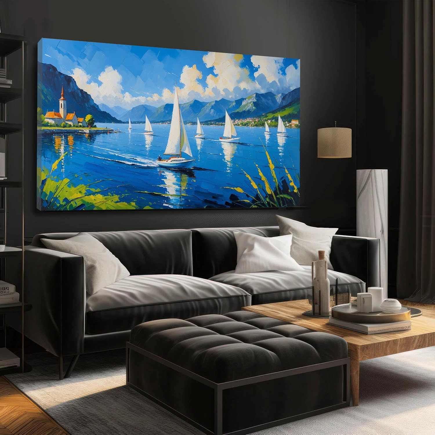 Tranquil lake sailing adventure landscape art print majestic mountains church and sailboat nature photography wall decor poster for home and office