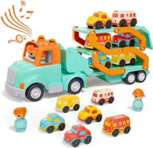 Transport Car Carrier Truck Toys for 2 3 4 5 Years Old Kids, 30in Foldable Track Trailer with Light and Sound Effects, Best Gift for Christmas Birthday