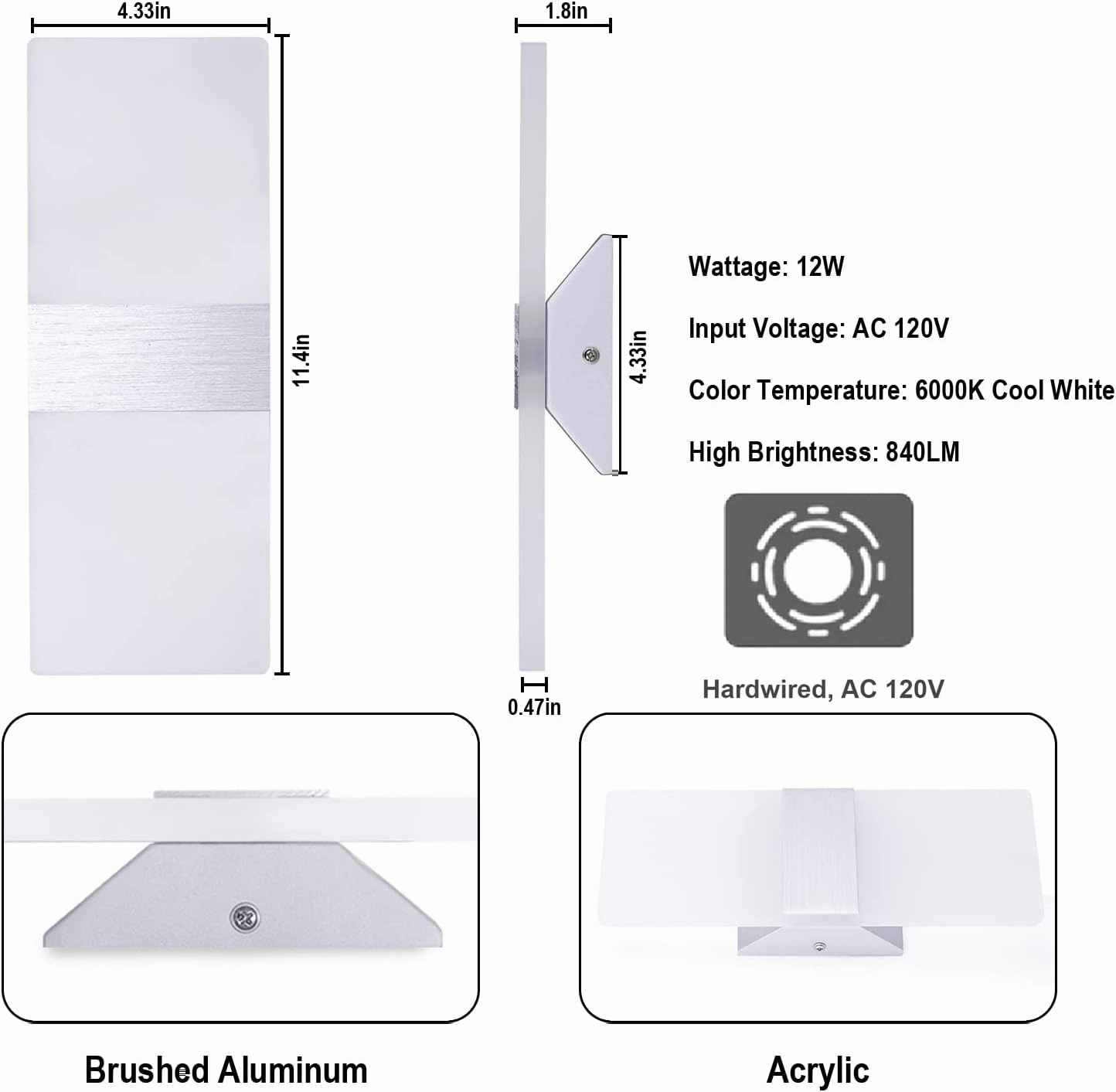 TRLIFE Modern Wall Sconces, Dimmable Wall Sconces Set of 2 Wall Mounted Lights 12W 6000K Cool White Hardwired Wall Sconce Lighting for Bedroom Bedside Living Room Stairway Hotel(2 Pack)