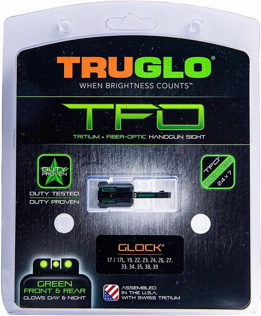 TRUGLO TFO Tritium & Fiber-Optic Handgun Sight | Snag-Resistant Front & Rear Bright Night Sights, Compatible with Glock Handguns
