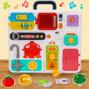 Tsomtto Kitchen Busy Board for Toddlers 1-3 Travel Toys Light Up Musical Baby Toy 12-18 Months Toddler Toys Age 1-2 2-4 Autism Sensory Montessori Fine Motor Skills Car Seat Toy for 1 Year Old