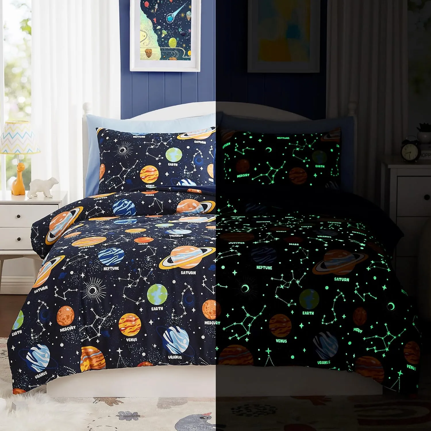 Twin Kids Comforter Set - 5 Pieces Twin Bedding Sets for Boys Girls Teen, Glow in The Dark Space Bed in A Bag with Sheets