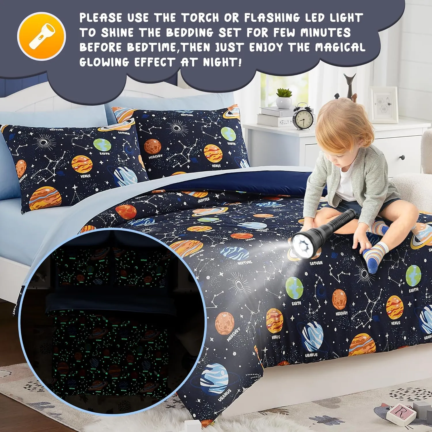 Twin Kids Comforter Set - 5 Pieces Twin Bedding Sets for Boys Girls Teen, Glow in The Dark Space Bed in A Bag with Sheets