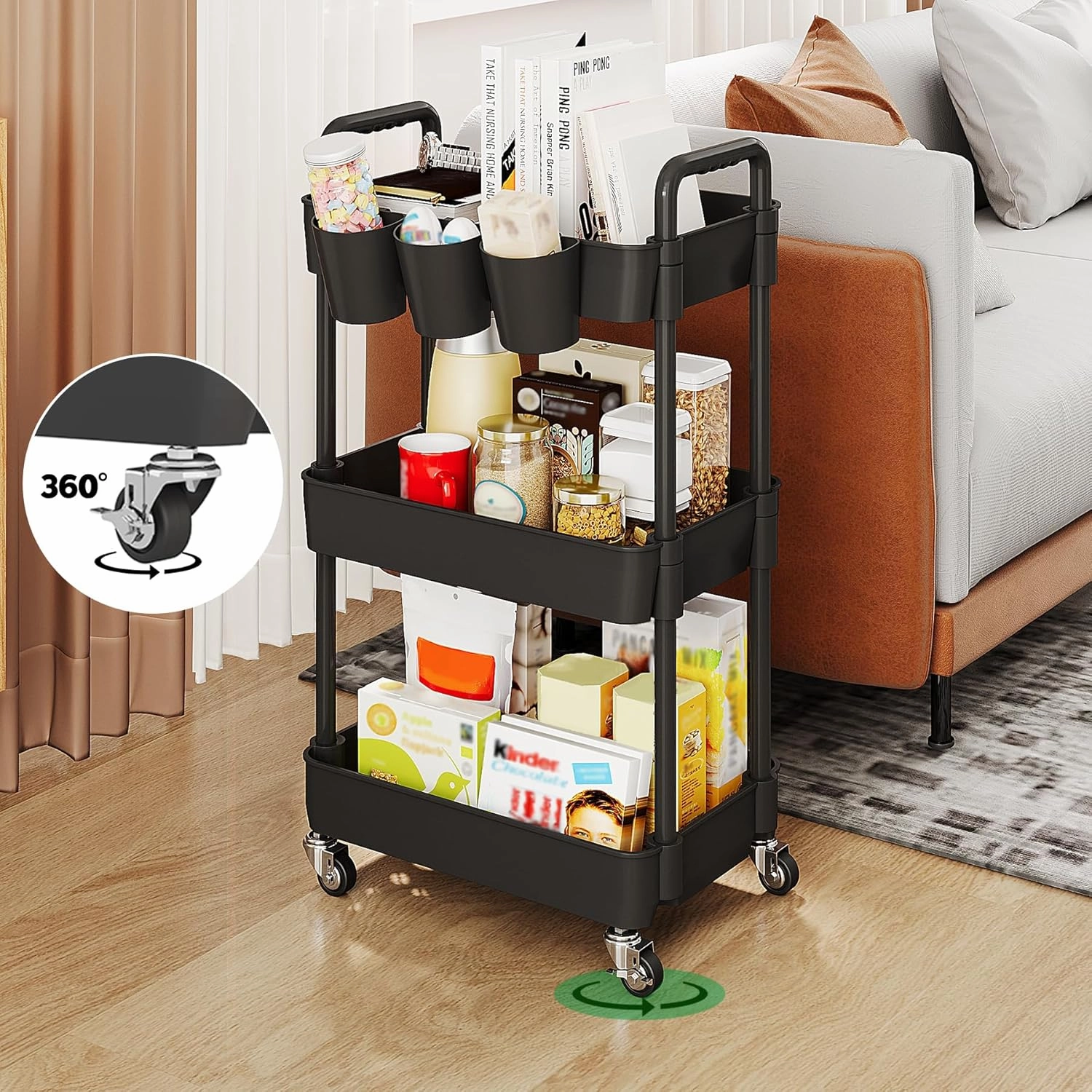 UDEAR 3-Tier Rolling Utility Cart,Multifunctional Storage Shelves with Handle and Lockable Wheels for Room,Office,Kitchen,Bathroom,with 3 Hanging Cups,Black