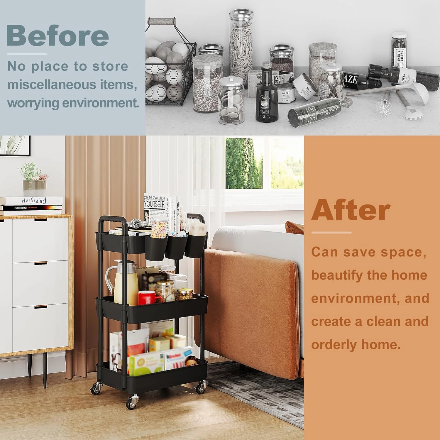 UDEAR 3-Tier Rolling Utility Cart,Multifunctional Storage Shelves with Handle and Lockable Wheels for Room,Office,Kitchen,Bathroom,with 3 Hanging Cups,Black